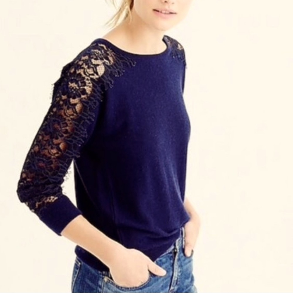 J. Crew Navy Sweater Black Lace Detail XS Wool Blend